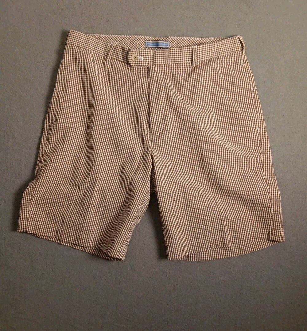 Peter Millar Shorts Mens 34 Brown White Plaid Seersucker Stretch Golf Casual
